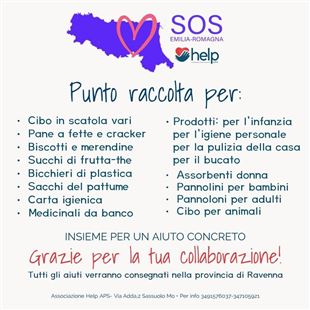 L’associazione Help attiva una raccolta di beni di prima necessità per la Romagna